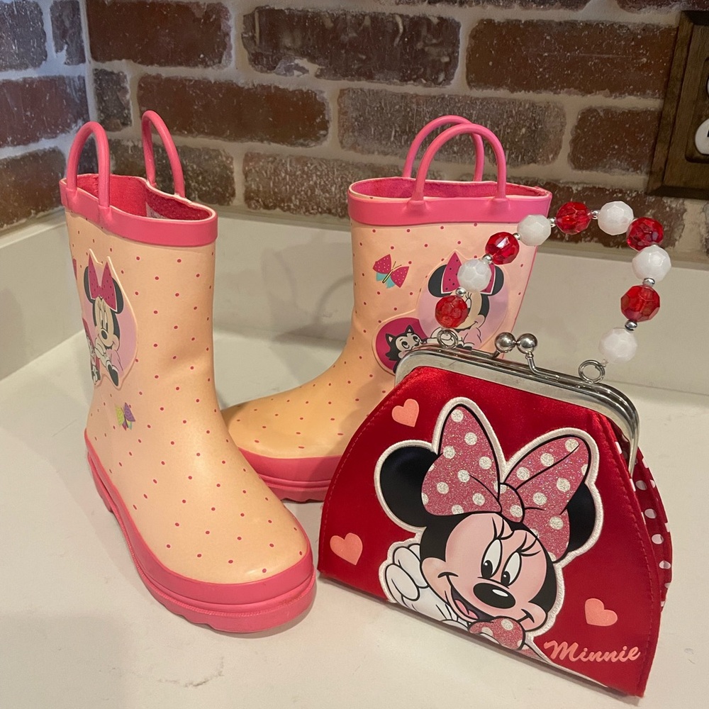 Minnie Mouse Pink & Peach Kids Rain Boots with Matching Purse
